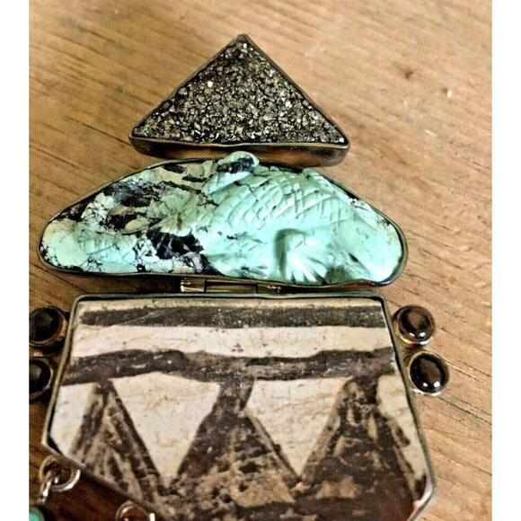 Starborn Sterling Pin Pendant Turquoise Blue Topaz Lizard Pottery - Picture 2 of 4